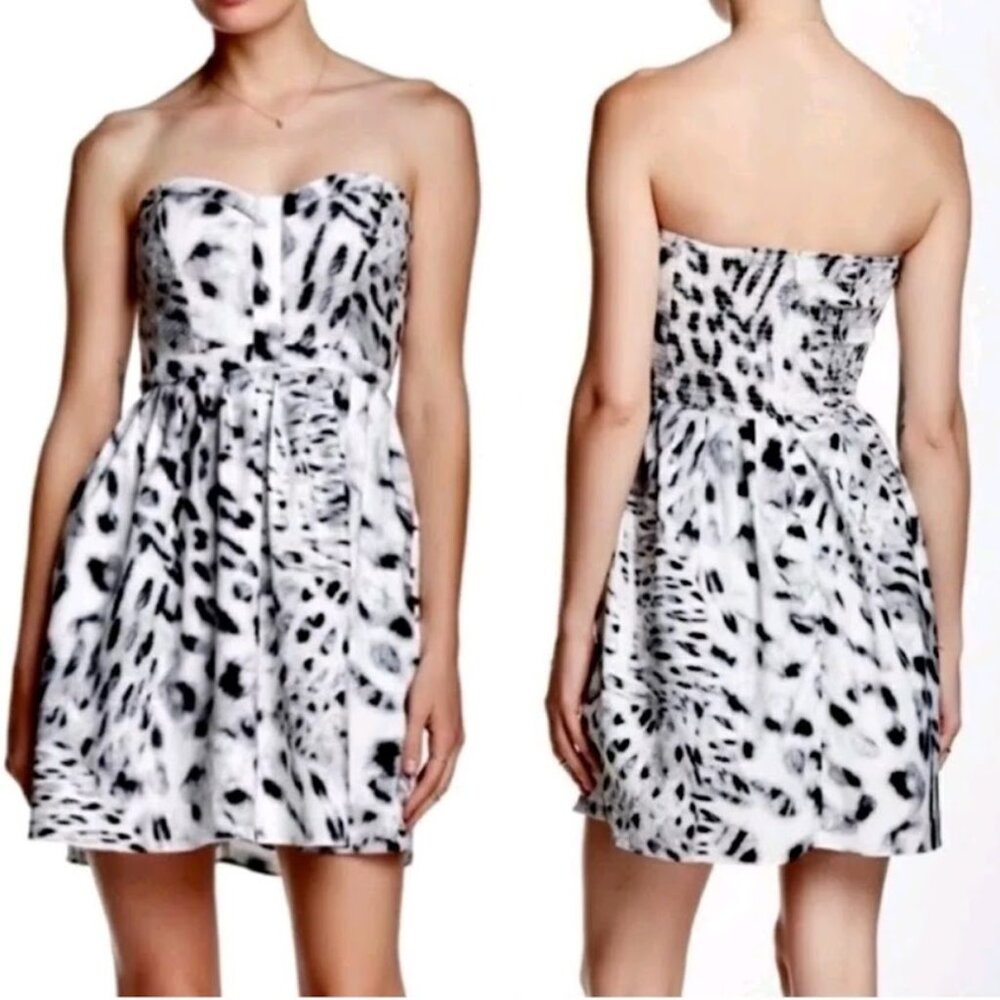 PARKER Mini Dress, Black Gray White Tie Dye Polyester Strapless Sleeveless, S